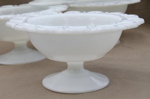 photo of vintage milk glass, plate & footed bowls or candy dishes w/ open lace edge #4