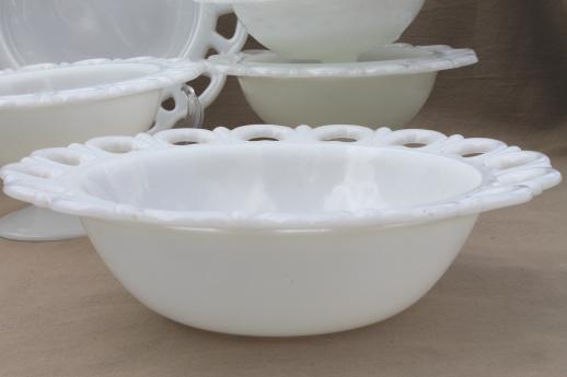 photo of vintage milk glass, plate & footed bowls or candy dishes w/ open lace edge #5