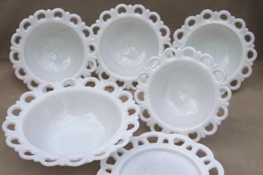 photo of vintage milk glass, plate & footed bowls or candy dishes w/ open lace edge #6