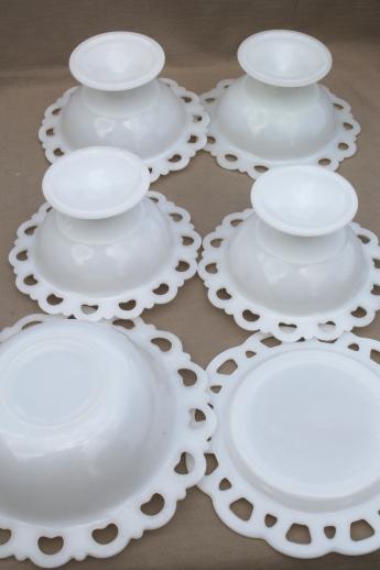 photo of vintage milk glass, plate & footed bowls or candy dishes w/ open lace edge #7