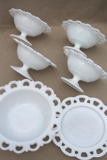 photo of vintage milk glass, plate & footed bowls or candy dishes w/ open lace edge #8