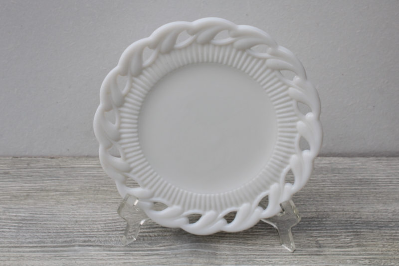 photo of vintage milk glass plate open lace edge leaf border Fostoria Wistar pattern #1