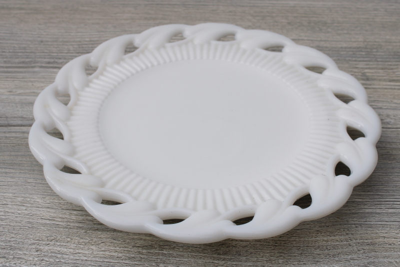 photo of vintage milk glass plate open lace edge leaf border Fostoria Wistar pattern #2