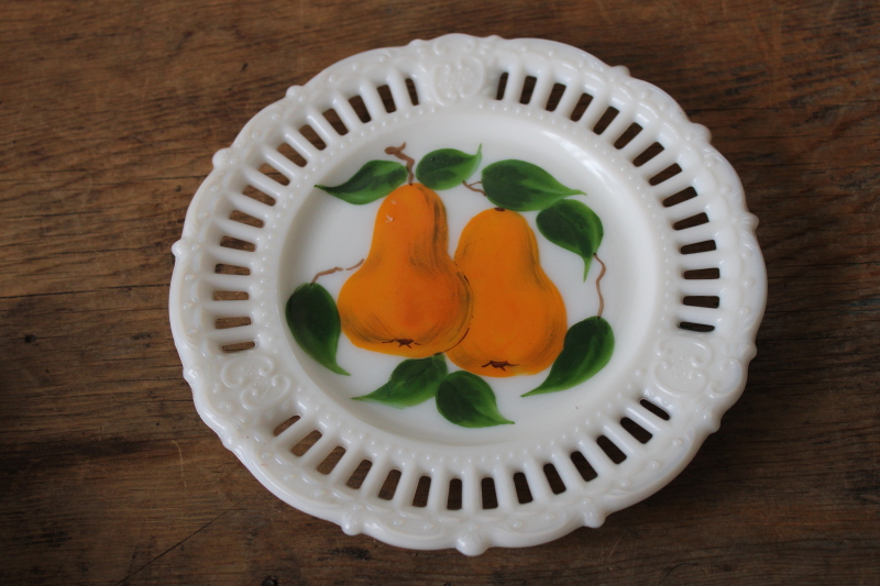 photo of vintage milk glass plate w/ edging border for wall hanging ribbon, hand painted golden pears fruit  #1