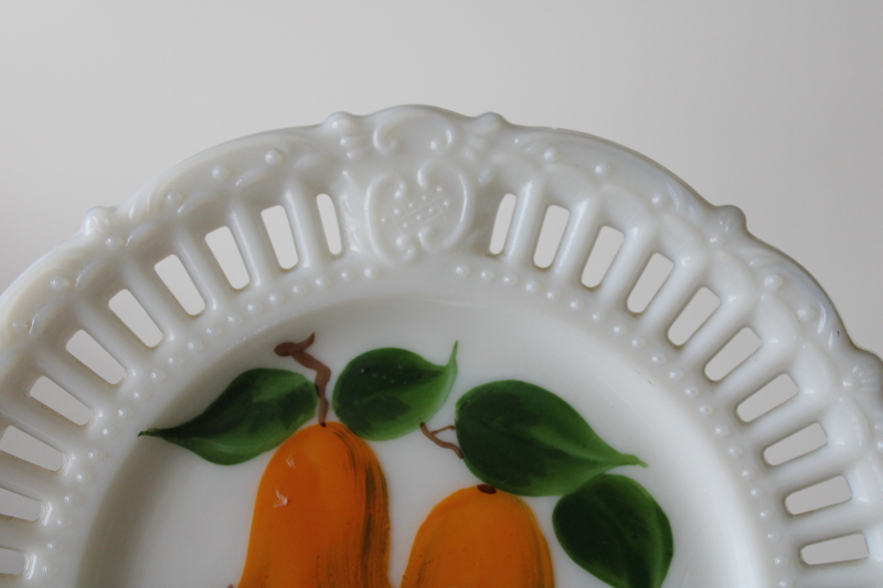 photo of vintage milk glass plate w/ edging border for wall hanging ribbon, hand painted golden pears fruit  #2