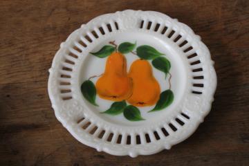 catalog photo of vintage milk glass plate w/ edging border for wall hanging ribbon, hand painted golden pears fruit 