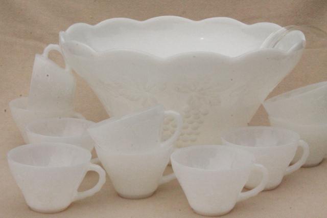 photo of vintage milk glass punch bowl & cups set, Anchor Hocking harvest grapes pattern #1