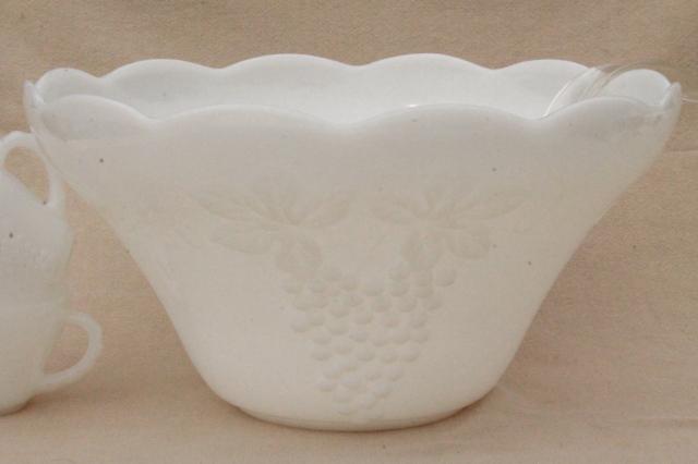 photo of vintage milk glass punch bowl & cups set, Anchor Hocking harvest grapes pattern #3