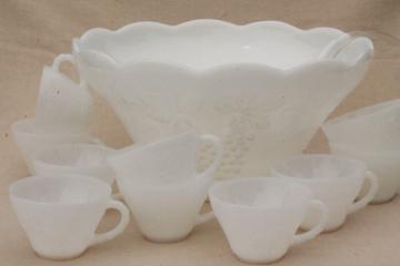 catalog photo of vintage milk glass punch bowl & cups set, Anchor Hocking harvest grapes pattern