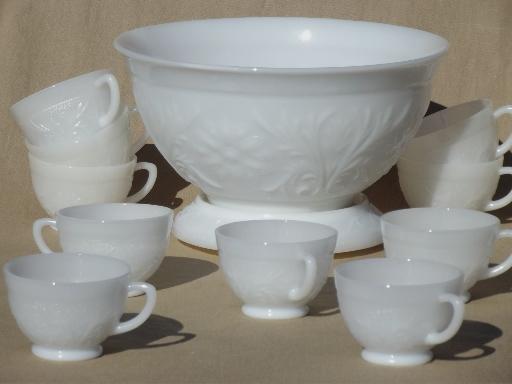 photo of vintage milk glass punch bowl & cups set, Anchor Hocking sandwich pattern glass #1