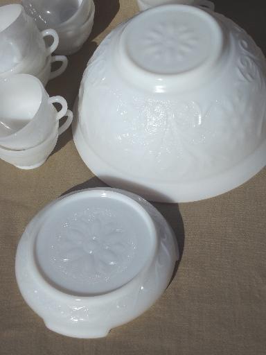 photo of vintage milk glass punch bowl & cups set, Anchor Hocking sandwich pattern glass #5