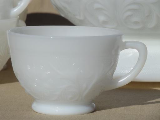 photo of vintage milk glass punch bowl & cups set, Anchor Hocking sandwich pattern glass #6