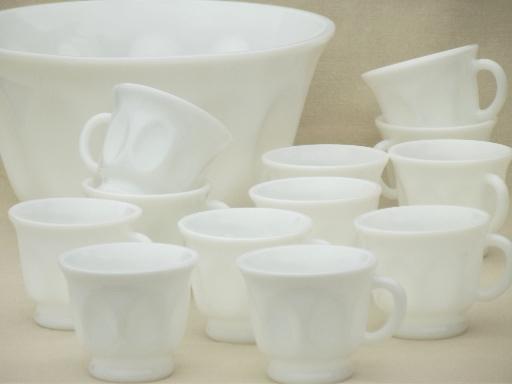 photo of vintage milk glass punch bowl & cups set, thumbprint ovals pattern glass #1