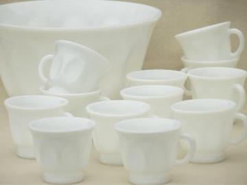 catalog photo of vintage milk glass punch bowl & cups set, thumbprint ovals pattern glass