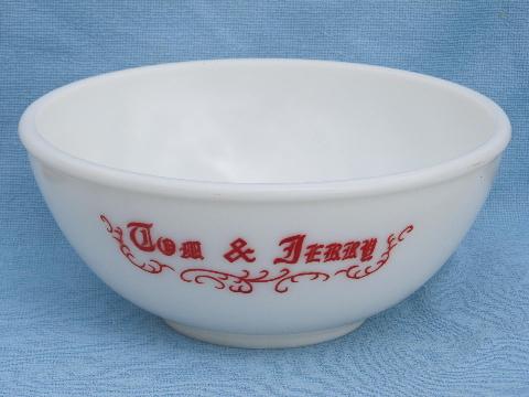 photo of vintage milk glass punch / egg nog bowl, lettered Tom and Jerry in red #1