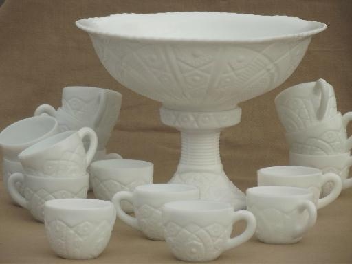 photo of vintage milk glass punch set, large punch bowl, pedestal stand & 16 cups #1