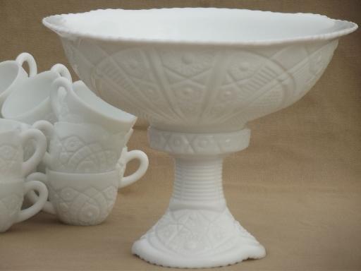 photo of vintage milk glass punch set, large punch bowl, pedestal stand & 16 cups #4