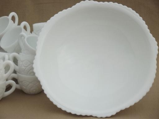 photo of vintage milk glass punch set, large punch bowl, pedestal stand & 16 cups #7