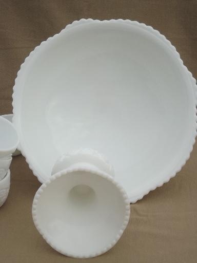 photo of vintage milk glass punch set, large punch bowl, pedestal stand & 16 cups #10