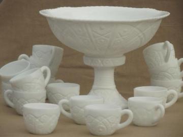 catalog photo of vintage milk glass punch set, large punch bowl, pedestal stand & 16 cups