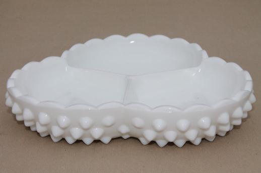 photo of vintage milk glass relish tray, Fenton hobnail three-part bowl divided dish #1