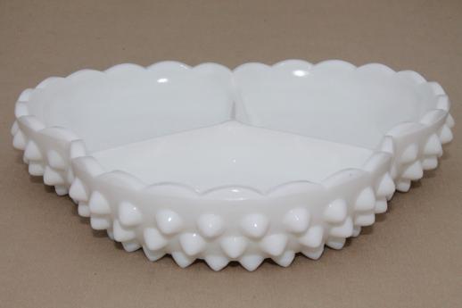 photo of vintage milk glass relish tray, Fenton hobnail three-part bowl divided dish #2