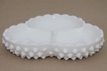 catalog photo of vintage milk glass relish tray, Fenton hobnail three-part bowl divided dish