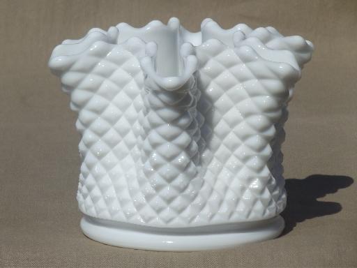 photo of vintage milk glass rose bowl, Westmoreland English hobnail handkerchief vase #2