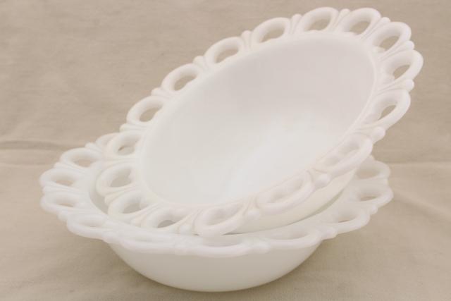 photo of vintage milk glass salad or serving bowls, Anchor Hocking open lace edge pattern glass #1