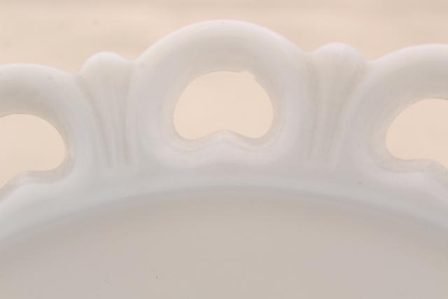 photo of vintage milk glass salad or serving bowls, Anchor Hocking open lace edge pattern glass #2