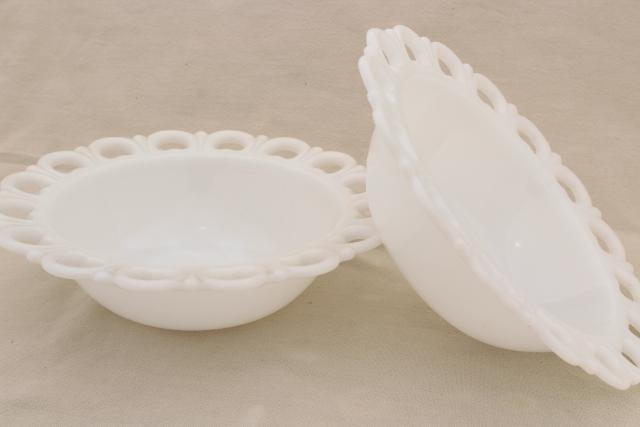 photo of vintage milk glass salad or serving bowls, Anchor Hocking open lace edge pattern glass #3