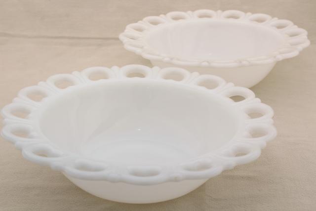 photo of vintage milk glass salad or serving bowls, Anchor Hocking open lace edge pattern glass #7