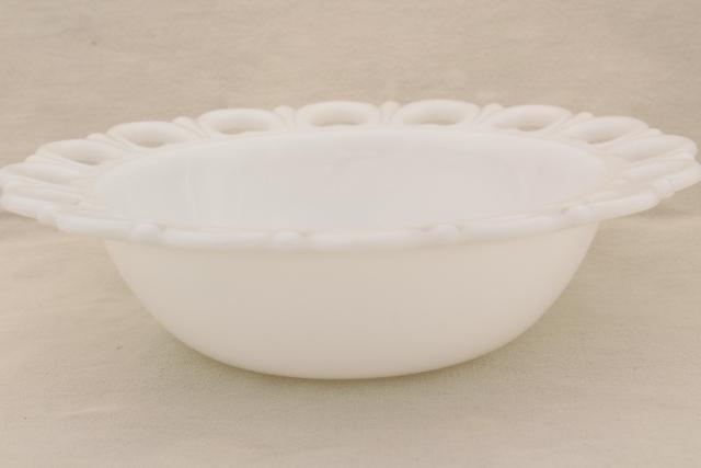 photo of vintage milk glass salad or serving bowls, Anchor Hocking open lace edge pattern glass #8