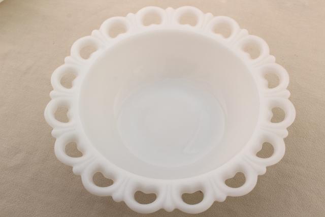 photo of vintage milk glass salad or serving bowls, Anchor Hocking open lace edge pattern glass #9