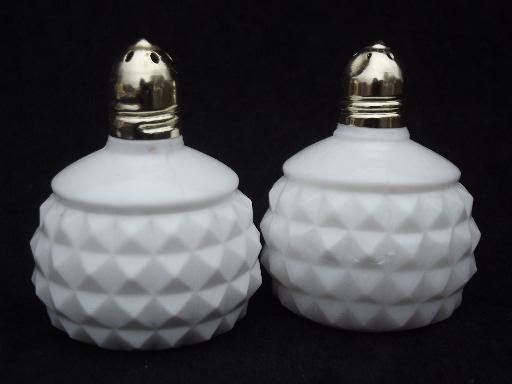 photo of vintage milk glass salt and pepper shakers, quilted blocks squares S&P set #1