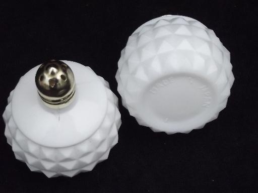 photo of vintage milk glass salt and pepper shakers, quilted blocks squares S&P set #3