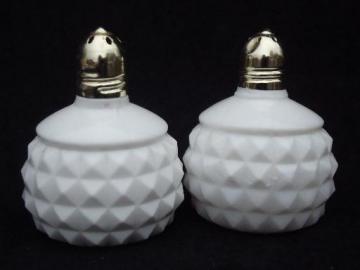 catalog photo of vintage milk glass salt and pepper shakers, quilted blocks squares S&P set