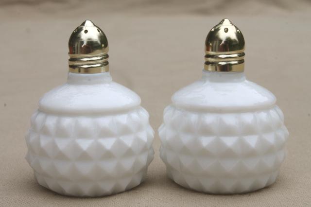 photo of vintage milk glass salt & pepper shakers, quilted blocks squares S&P set #1