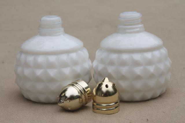 photo of vintage milk glass salt & pepper shakers, quilted blocks squares S&P set #2