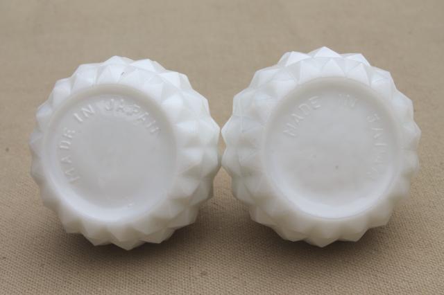 photo of vintage milk glass salt & pepper shakers, quilted blocks squares S&P set #3