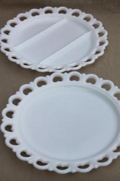 catalog photo of vintage milk glass serving platter & large cake plate, lace edge milk glass