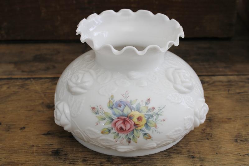 photo of vintage milk glass shade puffy molded cabbage roses w/ floral print, GWTW style #1