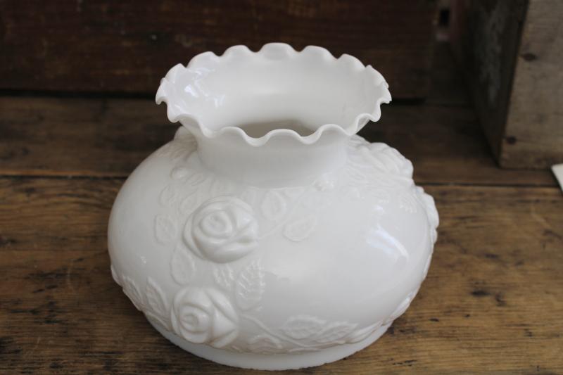 photo of vintage milk glass shade puffy molded cabbage roses w/ floral print, GWTW style #4