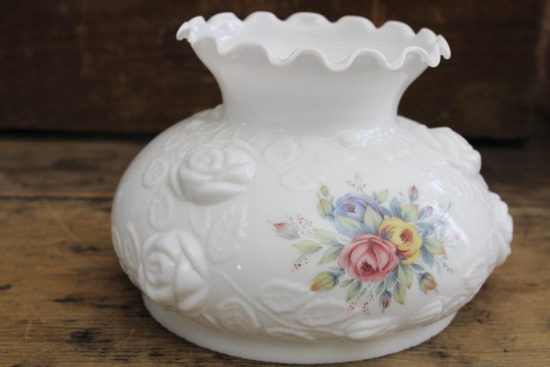 photo of vintage milk glass shade puffy molded cabbage roses w/ floral print, GWTW style #8