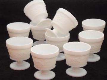 catalog photo of vintage milk glass sherbet dishes set of 10, grape pattern pressed glass 