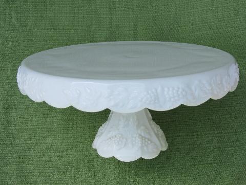 photo of vintage milk glass skirted cake stand, Westmoreland paneled grape #1