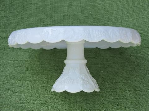 photo of vintage milk glass skirted cake stand, Westmoreland paneled grape #2