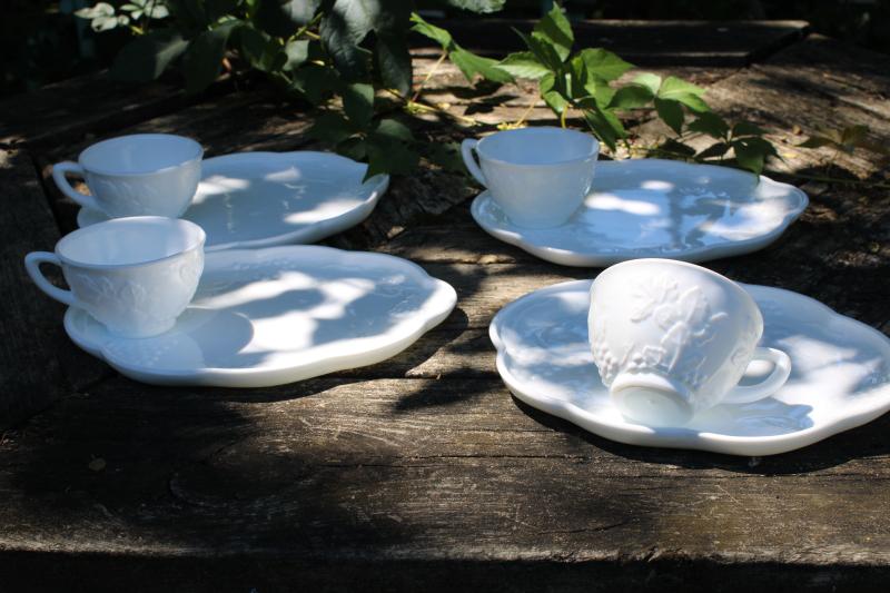 photo of vintage milk glass snack sets, tray plates w/ cups Indiana harvest grapes pattern #1