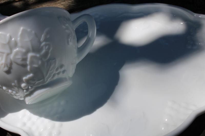 photo of vintage milk glass snack sets, tray plates w/ cups Indiana harvest grapes pattern #2