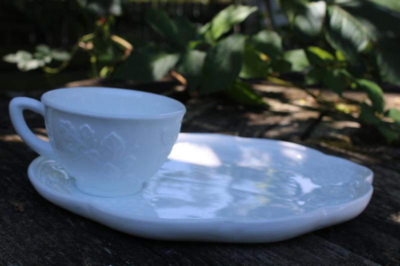 photo of vintage milk glass snack sets, tray plates w/ cups Indiana harvest grapes pattern #3